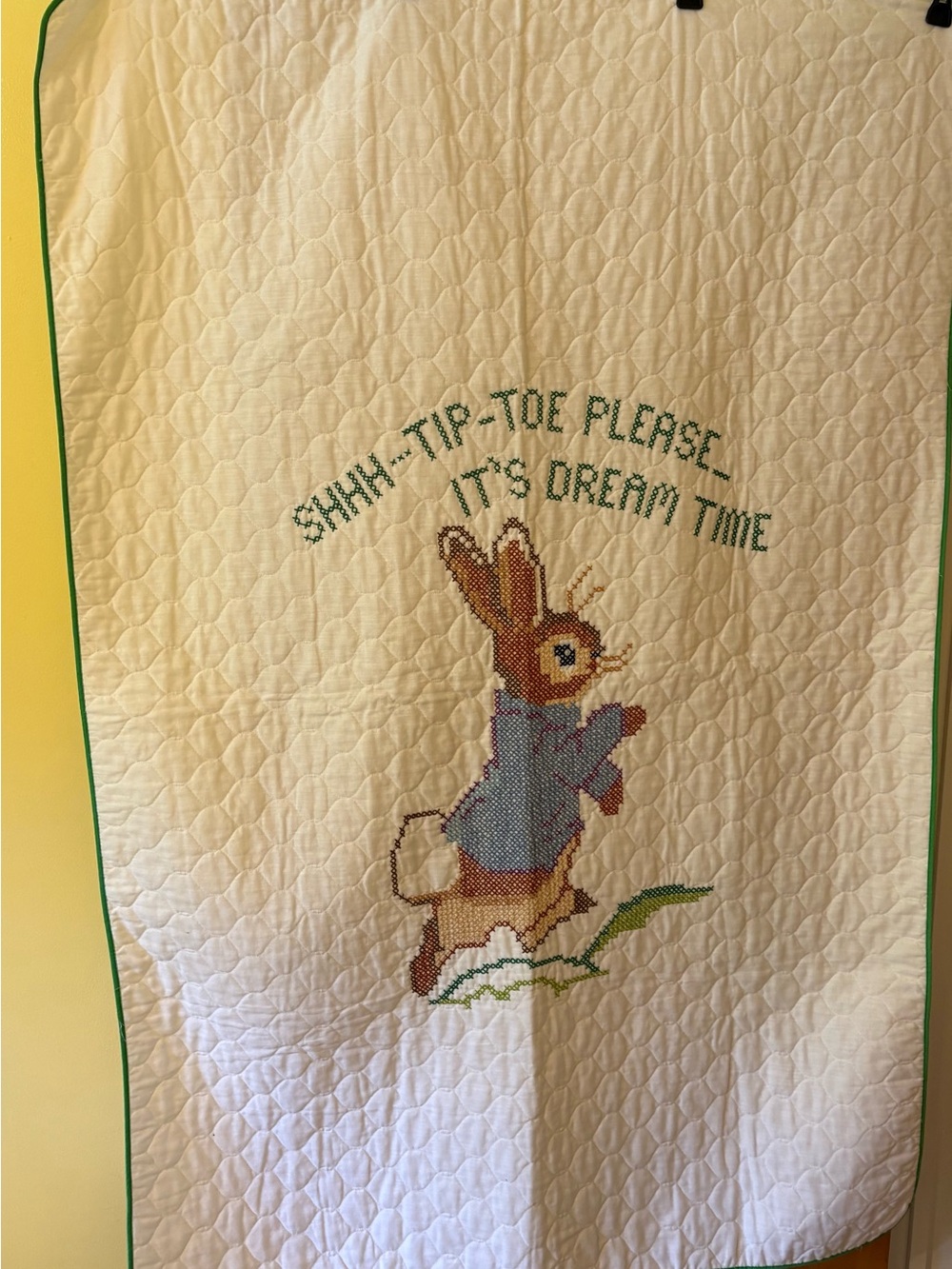 Vintage Handmade, Cross-Stitch Peter Rabbit Baby Quilt - Cream with Green Trim
